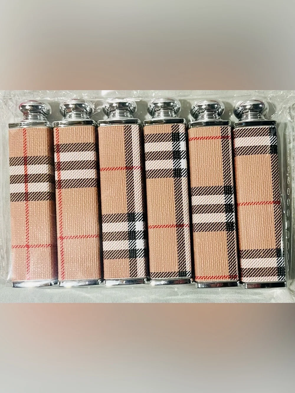 6 Pack Beige Plaid Lipstick Silver Cap - Stylish Accessory
